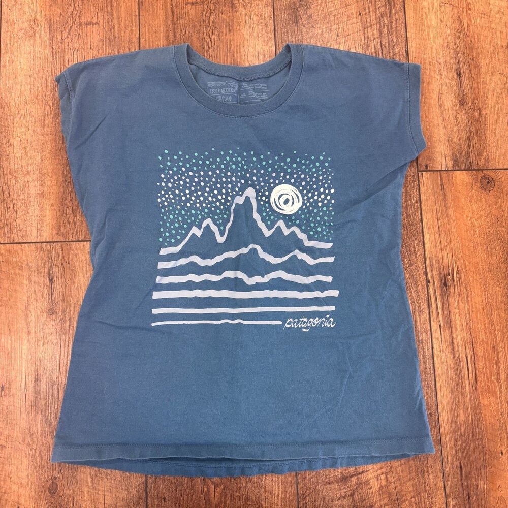 Patagonia Starshine Graphic Short Sleeve Shirt Blue Girls Size XL (14) Organic
